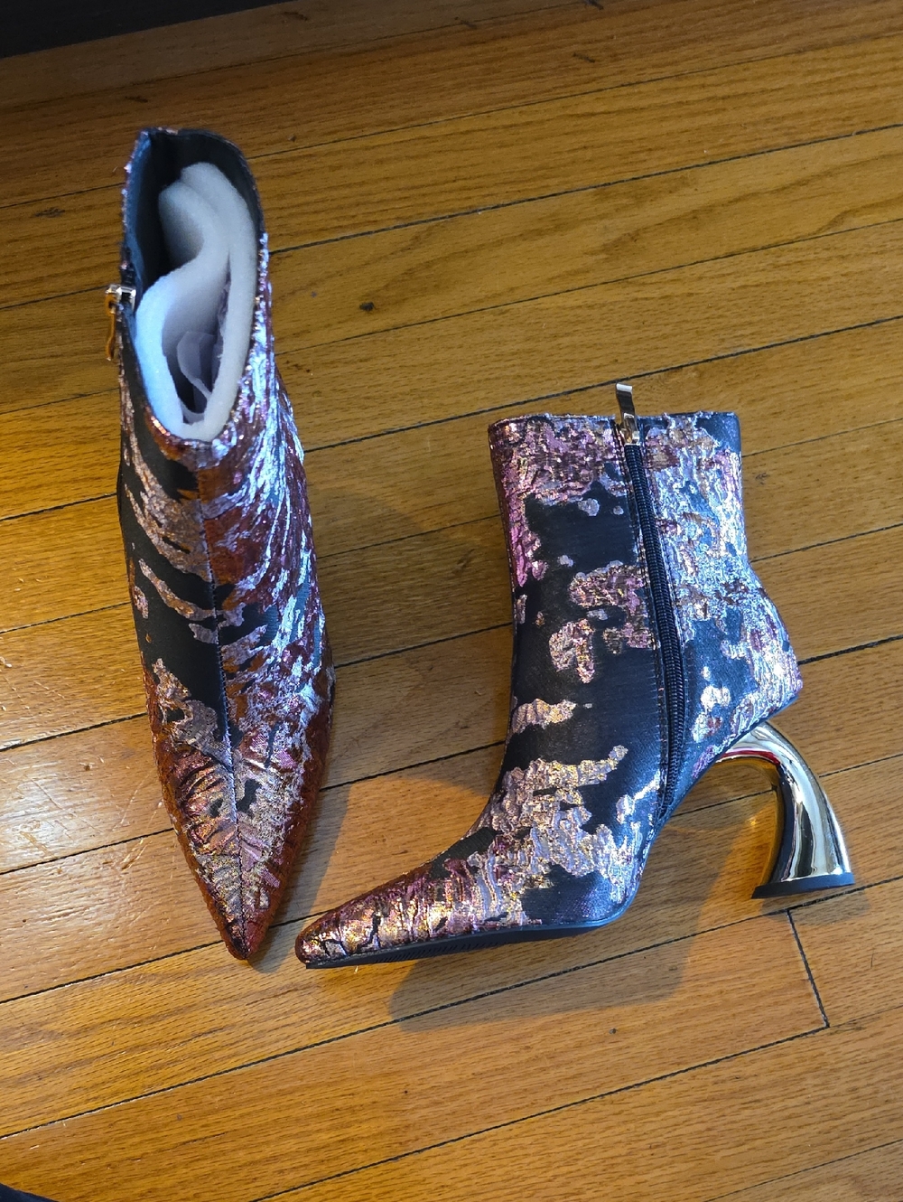 Akira Metallic Pink Brocade Pointed Toe Ankle Boots
